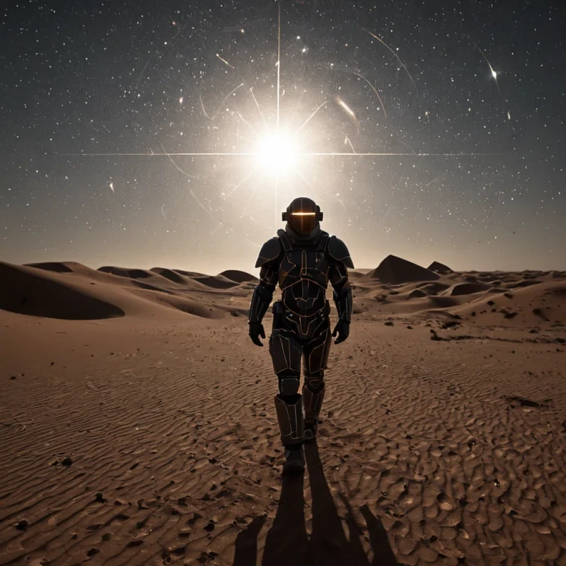 A wideangle, lowperspective shot of a vast, arid desert landscape where the sand is composed entirely of fine, crushed iridescent mica flakes that shimmer in shifting hues of copper and rose gold under a binary star system. Rising from the dunes are colossal, monolithic structures carved from dark, porous basalt, their surfaces etched with intricate, geometric patterns that catch the twin suns light to cast long, sharp, intersecting shadows. In the foreground, a figure clad in a modular, armored suit made of matte white ceramic plates and flexible dark grey mesh walks slowly, their silhouette framed against the blinding brilliance of the horizon. The air is thick with suspended dust particles that glow with a faint, warm amber lumines