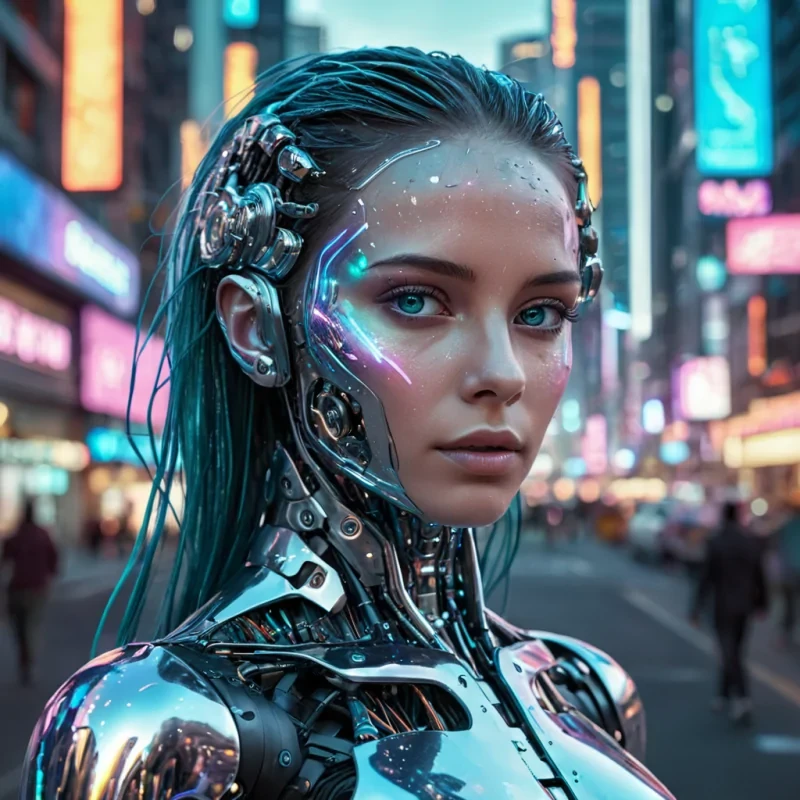 A hyperrealistic, 4K, ultra HD portrait of a futuristic cyborg with iridescent, circuitetched skin that shimmers like liquid chrome. The cyborgs eyes, a deep, electric cyan, seem to pulse with streams of data. Their hair, a cascade of holographic fractals, gently pulses with an otherworldly glow. The background is a surreal, neonlit cityscape of towering skyscrapers and holographic advertisements, with a soft, ethereal glow casting an urban ambiance. Cinematic lighting accentuates the cyborgs metallic features, while a subtle bokeh effect blurs the bustling city backdrop, creating a hightech atmosphere.