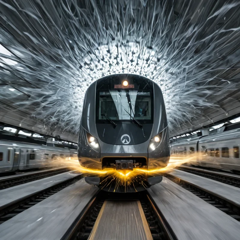 A dynamic, motionblurred photograph of a highspeed train composed of interlocking, semitranslucent hexagonal prisms of frosted glass, racing through a vast, sterile white atrium. The train is not on tracks but is suspended in midair by a dense, swirling vortex of heavy, viscous, matte grey smoke that billows from beneath its undercarriage. Inside the prisms, instead of passengers, are suspended, frozen bursts of golden liquid that have solidified into intricate, spiky star shapes, each emitting a warm, radiant halo. The floor of the atrium is a seamless, dark charcoal rubber surface that reflects the trains underbelly with a soft, diffused glow. The lighting is clinical and stark,
