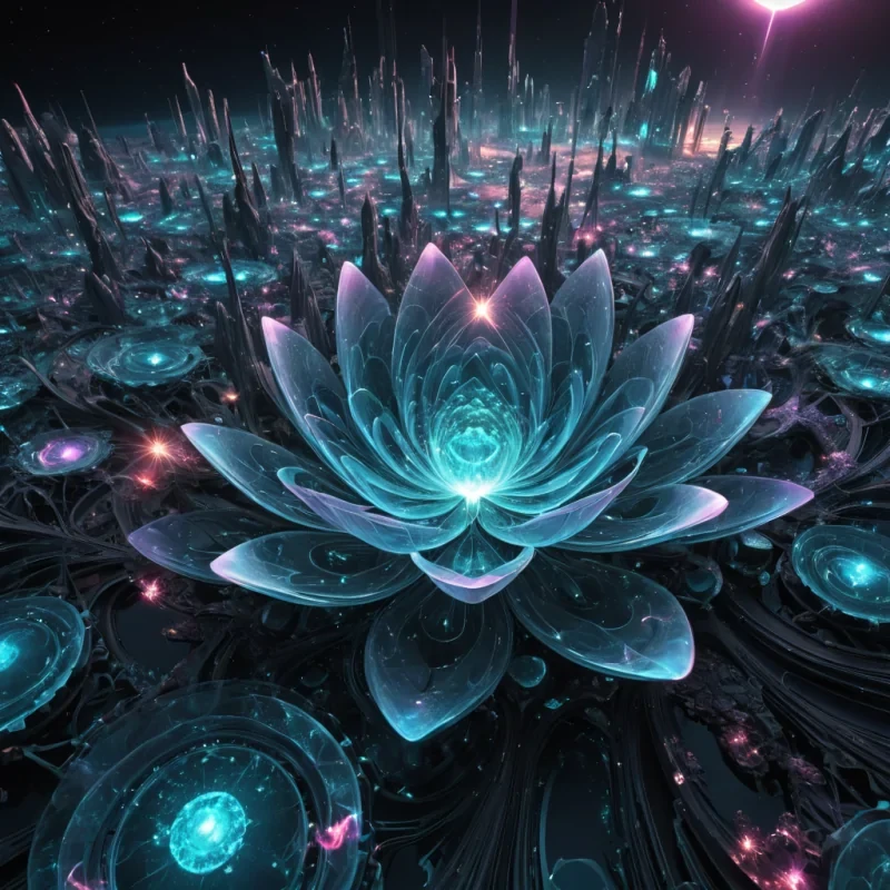 A hyperrealistic, 4K, ultra HD, fractal, opalescent, lotus metropolis, its gemstone structures unfurling zero gravity, aerodynamic ecosystems. Volumetric lighting from unseen, pulsating, bioluminescent hearts etches the citys ethereal, labyrinthine architecture, casting intricate, dynamic, iridescent shadows on the inverted, reflective void. Cinematic lighting bathes the scene in vibrant, nebular hues, with lens flare emphasizing the citys central, radiant, throbbing, opalescent heart, pulsating with captive, alien, aerothermal energy. Photorealistic, fractal, gemstone structures unfurl ultra HD, zero gravity, aerodynamic ecosystems.