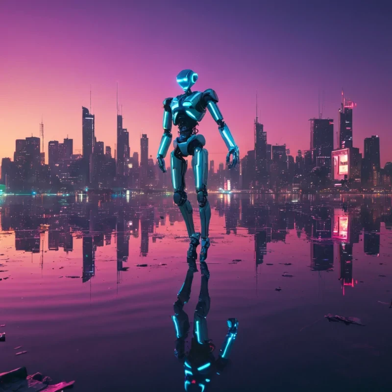 An abandoned, neonlit, cyberpunk cityscape at dusk, reflecting on a vast, still lake, with a lone, holographic, levitating robot performing a balletic dance, captured in Ultra HD with dynamic lighting and vibrant colors.