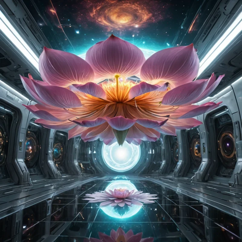 Photorealistic, colossal, levitating, opalescent, lotusblossom space station, its hyperrealistic, 4K, diaphanous petals revealing ultra HD glimpses of a bustling, bioluminescent, extraterrestrial world within. Volumetric lighting from unseen, pulsating, cosmic cores etches the stations ethereal, fractal petals, casting intricate, dynamic, shimmering shadows on the inverted, reflective void. Cinematic lighting bathes the scene in vibrant, otherworldly hues, with lens flare emphasizing the stations central, radiant, throbbing, lotus heart, pulsating with captive, alien, cosmic energy.