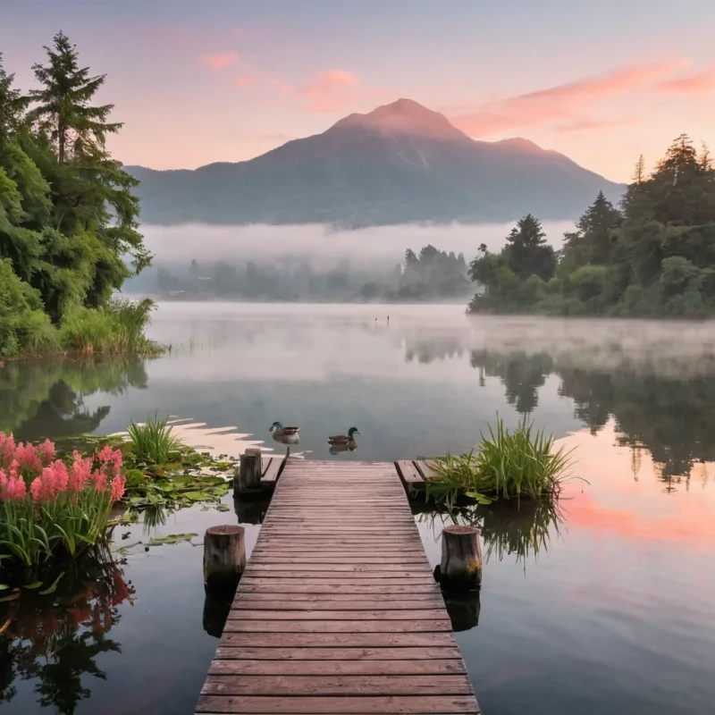 A serene and picturesque lakeside view at sunrise, featuring calm waters reflecting vibrant hues of orange and pink. A wooden dock stretches into the lake, framed by lush greenery and distant misty mountains. Soft morning mist rises from the water, and a pair of ducks swim peacefully near the shore, adding to the tranquil, inviting atmosphere