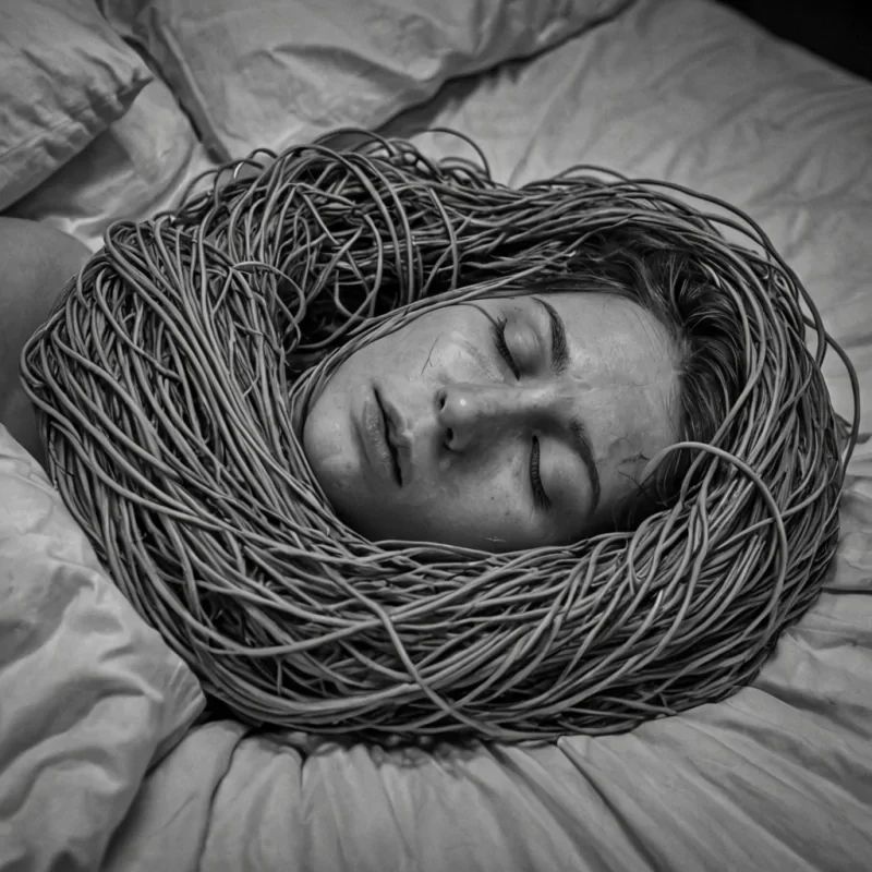 A single, selfsiphoning tangle of reversed sleep, shaped like a 2,891dimensional knot of unformed dreaming and inverted rest, writhes through the hollow core of a vast, inverted bed of solidified wakefulness. Each strand is spun from the exact moment between an eyelid closing and its refusal to open, a thought drifting into the subconscious and dissolving into nonimagery, a heartbeat syncing with the rhythm of a forgotten dream and collapsing into pure, unmeasured nonslumber. The tangle does not induce sleepit uninduces it, each coiling filament shedding a layer of somnolent potential that never coalesced into peace, insight, or the weight of being unconscious.