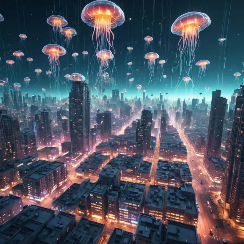 A sentient, levitating city block drifting through a sky filled with luminescent, jellyfishlike drones, hyperrealistic, 4K, cinematic lighting, volumetric lighting, atmospheric effects, dynamic lighting, soft focus, lens flare, vibrant colors, detailed textures.