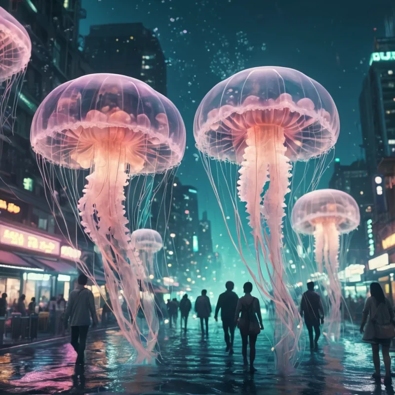 A bustling underwater metropolis where inhabitants ride luminescent jellyfish, hyperrealistic, 4K, cinematic lighting, volumetric lighting, atmospheric effects, dynamic lighting, bokeh effect, soft focus, lens flare, pastel tones, detailed textures.