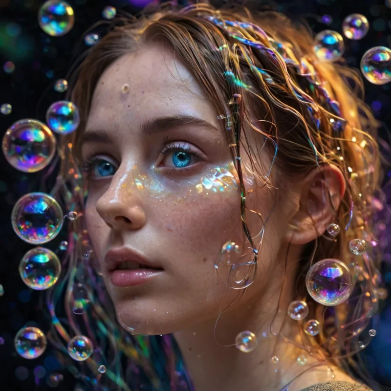A hyperrealistic, 4K, ultra HD portrait of a chromatic weaver, her skin iridescent with the shifting colors of a soap bubble. The weavers eyes, a deep, enigmatic opal, hold the secrets of a thousand prismatic threads. Her hair, a cascade of shimmering, holographic rainbows, gently pulses with each beat of her spectral heart. The background is a surreal, hightech observatory filled with floating, selfassembling kaleidoscopes and the soft glow of quantum spectrophotometers. Cinematic lighting accentuates the weavers otherworldly beauty, while a subtle bokeh effect blurs the neonlit spectrum, creating an intimate, focused atmosphere.