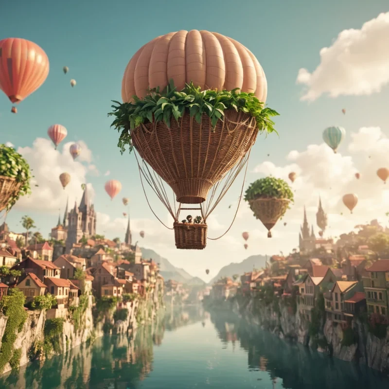 A sentient, levitating hot air balloon navigating through a cityscape of floating islands, its wicker basket filled with glowing, levitating plants, hyperrealistic, ultra HD, cinematic lighting, volumetric lighting, atmospheric effects, dynamic lighting, bokeh effect, soft focus, lens flare, pastel tones, detailed textures.