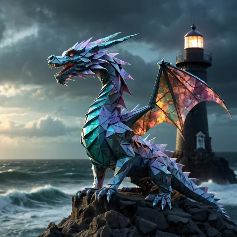 Photorealistic, Ultra HD portrait of a lone, sentient, neonlit holographic origami dragon, its ethereal form pulsating with intricate, bioluminescent fractal patterns, perched atop a crumbling, ancient lighthouse, overlooking a stormy, turbulent sea, with dynamic lighting casting harsh shadows on its metallic scales and emphasizing its intricate, steampunkinspired design, and a subtle, cool bokeh effect creating a sense of isolation and melancholy.