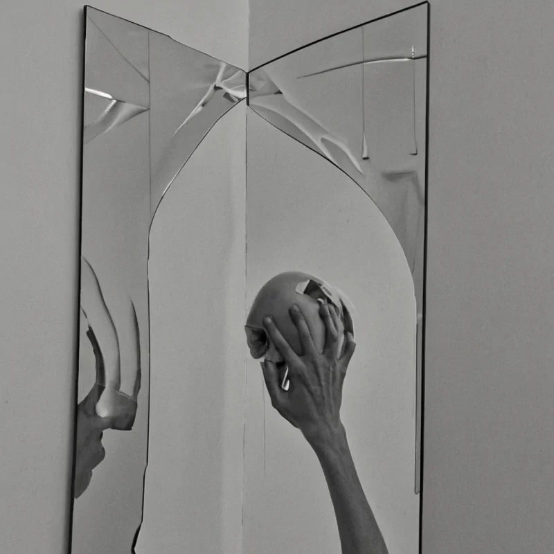 A single, selfsilencing mirror of reversed empathy, shaped like a 9,143dimensional prism of unformed compassion and inverted connection, hovers at the center of a vast, inverted sanctuary of solidified isolation  each wall etched from the exact moment between a hand reaching out and its refusal to be held, a word of comfort forming on the lips and dissolving into nonverbal silence, a tear rolling down a cheek and collapsing into pure, unmeasured nongrief. The mirror does not reflect emotion  it unreflects it, each refracting facet shedding a layer of relational potential that never coalesced into shared understanding, reforming into ephemeral, lapislazuli veined afterimages shaped