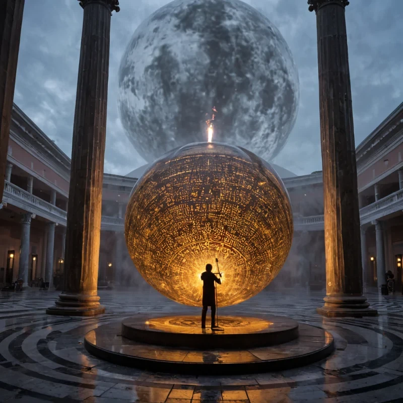 A horizontal, eyelevel medium shot of a vast, circular plaza paved with polished, dark slate, where the ground is covered in intricate, glowing geometric patterns resembling ancient circuit boards. The central focus is a massive, spherical structure made of thousands of interlocking, translucent ambercolored glass panels, each containing a suspended, frozen moment of everyday life a child blowing out birthday candles, a baker pulling bread from an oven, a musician tuning a violin. The sphere floats just inches above the ground, supported by a column of dense, swirling mist that shifts from white to soft gold. Surrounding the plaza are towering, slender pillars of raw, unpolished obsidian that rise into a twilight sky filled with swirling, nebulalike clouds in shades of