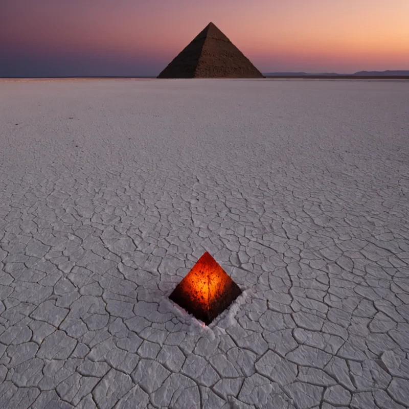 A panoramic, wideangle shot of a vast, arid salt flat at twilight, where the ground is a seamless, blindingly white expanse of crystalline salt. Rising from the center of this desolate plain is a colossal, inverted pyramid structure made of matte, black basalt, its tip buried deep in the earth while its broad base hovers twenty meters above the salt surface, held aloft by a lattice of slender, twisting pillars of woven red rope. The interior of the inverted pyramid is hollow and illuminated by a warm, pulsating glow of amber light that leaks out through hundreds of small, circular portholes, casting long, sharp shadows across the salt crust. In the immediate foreground, a single, small, wooden row