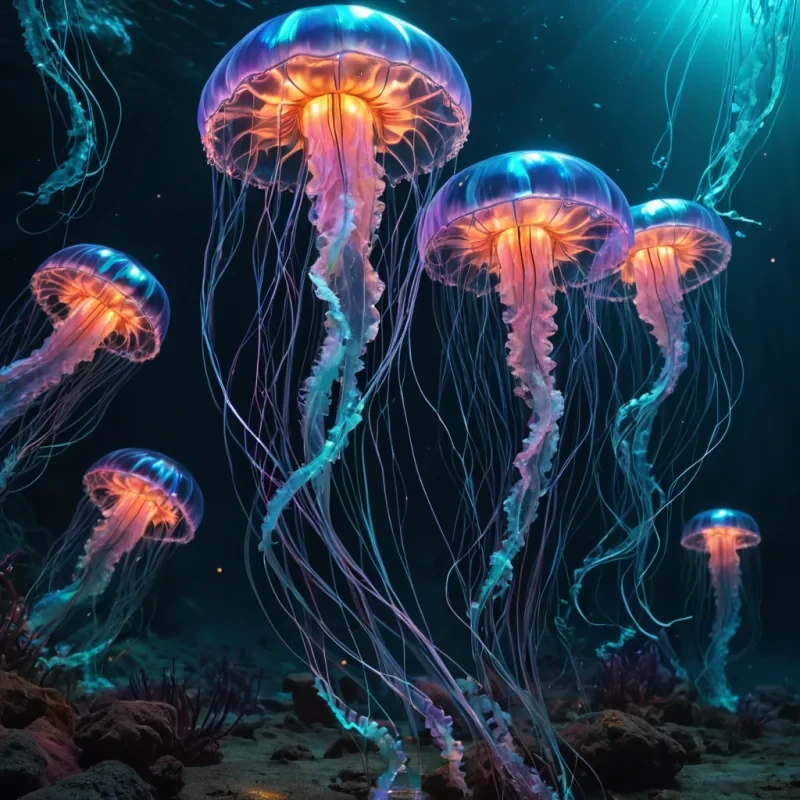 Photorealistic, Ultra HD, colossal, undulating, sentient, neonlit, cybernetic swarm of iridescent, bioluminescent jellyfish, their intricate, detailed metallic bells pulsating with vibrant, ethereal colors, dance gracefully in a cinematic, weightless, zerogravity, ultraHD, neonlit, underwater alien landscape. Volumetric lighting accentuates the swarms dynamic, otherworldly formations, casting dynamic, otherworldly shadows, while atmospheric effects create a mesmerizing dance of holographic, ethereal nanobots. The jellyfish reflective, holographic eyes capture the landscapes vibrant, neonlit lighting, revealing a mesmerizing,