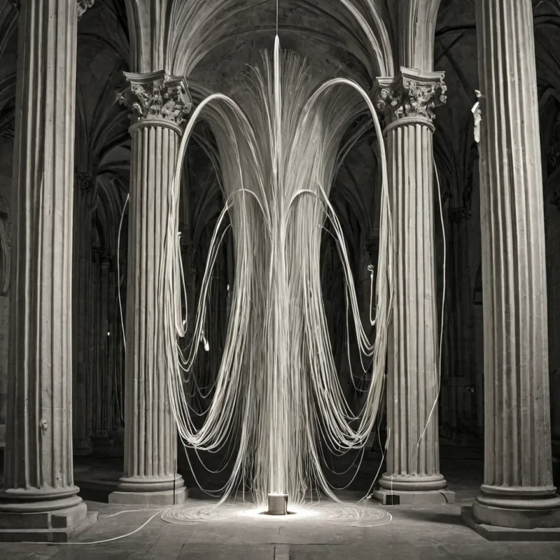 A single, selfunfolding filament of reversed silence, shaped like a 1,000,000,000dimensional loop of unformed stillness and inverted resonance, drifts through the center of a vast, inverted cathedral of solidified sound  each pillar carved from the exact moment between a chime ringing and its refusal to vibrate, a whisper forming in the throat and dissolving into nonacoustic emptiness, a breath held too long and collapsing into pure, unmeasured nonvibration. The filament does not absorb noise  it unabsorbs it, each unraveling coil shedding a layer of auditory potential that never coalesced into perceptible resonance, reforming into ephemeral, silverthread