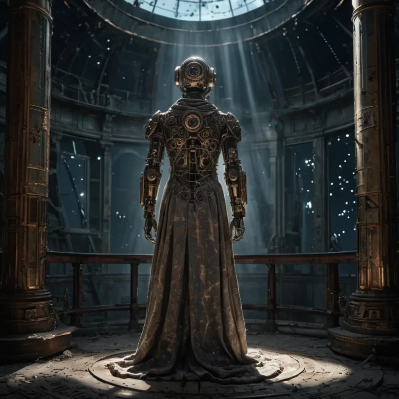 Photorealistic, Ultra HD portrait of a melancholic, sentient automaton, its metallic body adorned with intricate, tarnished filigree, standing alone in a vast, abandoned observatory, surrounded by towering, ancient telescopes and faded, celestial charts, with cinematic lighting casting dramatic shadows and emphasizing the intricate, steampunkinspired design, and a subtle, cool bokeh effect creating a sense of isolation and longing, as a lone, spectral comet streaks across the night sky, its glowing tail leaving a trail of stardust in its wake, while a spectral, ethereal figure, cloaked in a tattered, hooded robe, stands silently at the edge of the