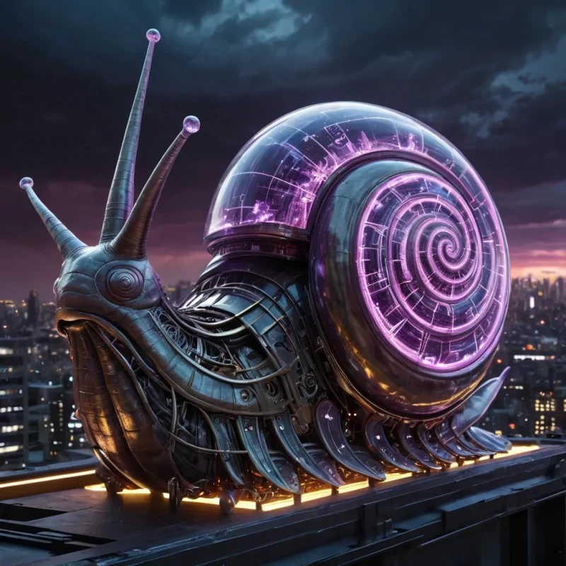 A colossal, ancient, mechanical snail, its metallic shell adorned with intricate, pulsating neon circuits, inches through a stormy, amethyst nebula. Within its transparent, bioluminescent body, a labyrinthine, neonlit cityscape sprawls, its towering, glass spires casting ephemeral shadows on the citys sentient, robotic inhabitants. Rendered in ultra HD, with dynamic lighting, atmospheric effects, and vibrant colors, evoking a sense of surreal, otherworldly wonder at this celestial, mechanical marvel.