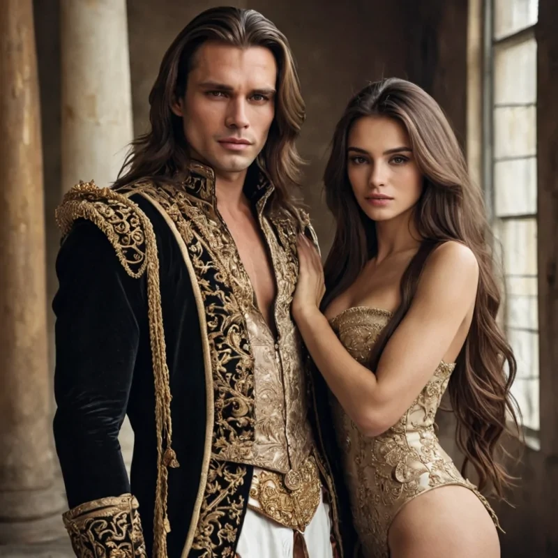 A modern handsome king dressed very nice with hardly dressed beautiful brunette women with long hair
