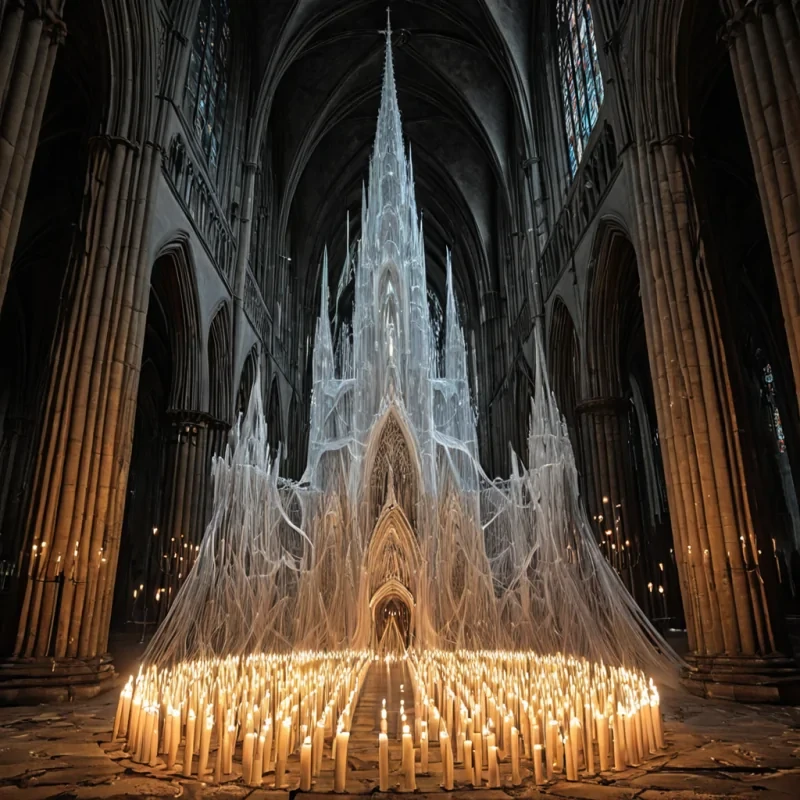 A single, selfilluminating filament of solidified breath pulses through the core of a floating, inverted cathedral of frozen time, its structure not stone or stained glass but woven from the thermal afterimage of a thousand unlit candles that never flickered in the hands of a world that never mourned. The filament does not burnit unburns, each pulse dissolving a moment of flame into its original cold, releasing a wave of zeroentropy stillness that fractures the fabric of remembrance into a drifting mist of silver, geometric tears, each one etched with the chromatic echo of a name that never whispered across the lips of a tomb that never held a soul. The cathedrals spires are not pointedthey are suspended in