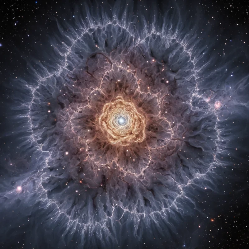 A single, selfsiphoning membrane of liquid starlight, shaped like a 31dimensional fractal bloom of inverted luminescence and unformed constellations, pulses at the center of a vast, inverted nebula of solidified silenceeach gas cloud sculpted from the petrified breath of a civilization that measured existence not by time, but by the duration of synchronized, breathless stillness held just before the first photon was ever permitted to scatter in a universe where light was not forbidden, but never asked for. The membrane does not glowit unilluminates, each refractive filament shedding a layer of photonic potential that never coalesced into a shared dawn, reforming into ephemeral, selenite