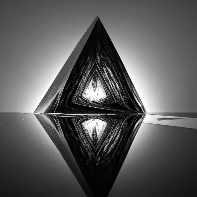 A single, selfreflecting shard of reversed shadow, shaped like a 1,892dimensional fractal of unformed darkness and inverted depth, floats at the center of a vast, inverted mirror chamber of solidified lighteach pane carved from the exact moment between a glance being returned and its refusal to be recognized, a silhouette forming and dissolving into nonoptical void, a reflection stretching and collapsing into pure, unmeasured opacity. The shard does not concealit unconceals, each shimmering facet shedding a layer of visual potential that never coalesced into a shared gaze, reforming into ephemeral, onyxveined afterimages shaped like the negative space between two eyes that never blinked in mutual acknowledgment
