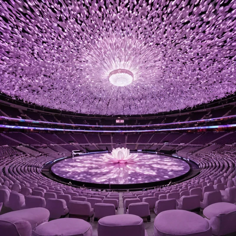A wideangle, cinematic shot of a vast, openair stadium floating in a nebula of soft, pastel pink and lavender gas, constructed entirely from woven, translucent silk fibers that shimmer with a subtle, pearlescent iridescence. The seats are not rigid benches but flowing, organic waves of suspended, liquidlike fabric that ripple gently with the airflow, each strand embedded with tiny, bioluminescent nodes of soft white light that pulse in a synchronized, slow rhythm. In the center of the arena, a colossal, abstract structure resembling a blooming lotus flower made of polished, matte white porcelain rises from the ground, its petals slightly unfurled to reveal a core of swirling, golden honey that glows with internal warmth.