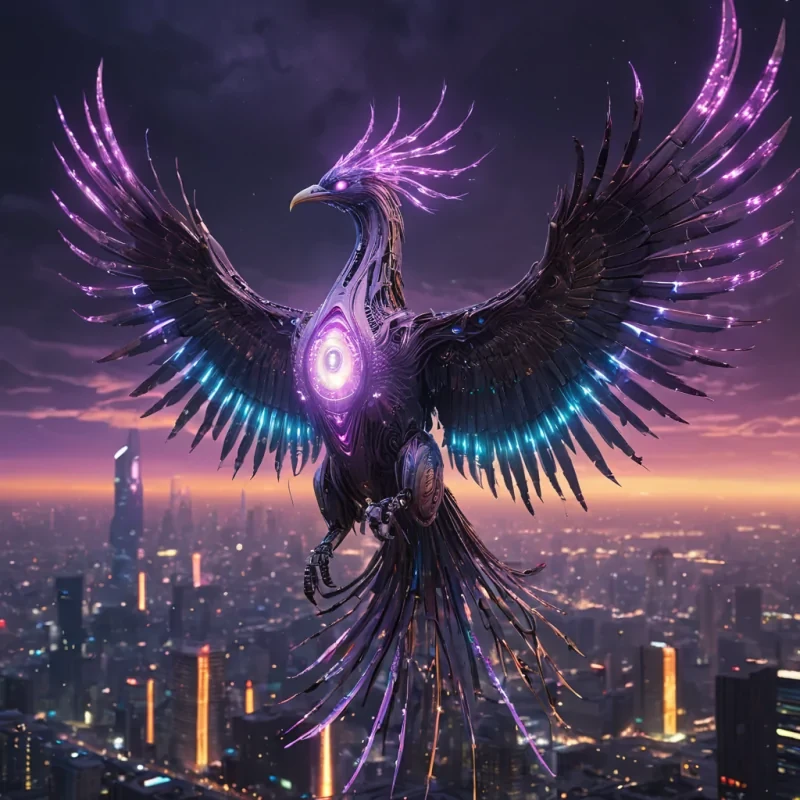 A colossal, ancient, mechanical phoenix, its metallic feathers adorned with intricate, pulsating neon circuits, ascends from a stormy, amethyst sky, leaving a trail of iridescent, otherworldly contrails. Below, a labyrinthine, neonlit cityscape sprawls, its towering, obsidian spires reflecting the phoenixs ethereal glow. Suspended within its transparent, bioluminescent belly, a holographic, sentient, mechanical swarm of fireflies dances, casting ephemeral shadows on the citys sentient, robotic, avian creatures. Rendered in ultra HD, with dynamic lighting, atmospheric effects, and a subtle bokeh