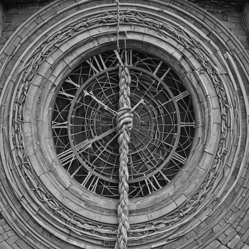 A single, selfrewriting knot of reversed time, shaped like a 17,403dimensional braid of unformed chronology and inverted causality, pulses at the center of a vast, inverted clocktower of solidified stasis. Each strand is woven from the exact moment between a second hand ticking forward and its refusal to move, a memory being recalled and dissolving into nonsequentiality, a heartbeat syncing with a distant chime and collapsing into pure, unmeasured nontemporality. The braid does not advance time  it unadvances it, each unraveling loop shedding a layer of temporal potential that never coalesced into past, present, or future, reforming into ephemeral, on