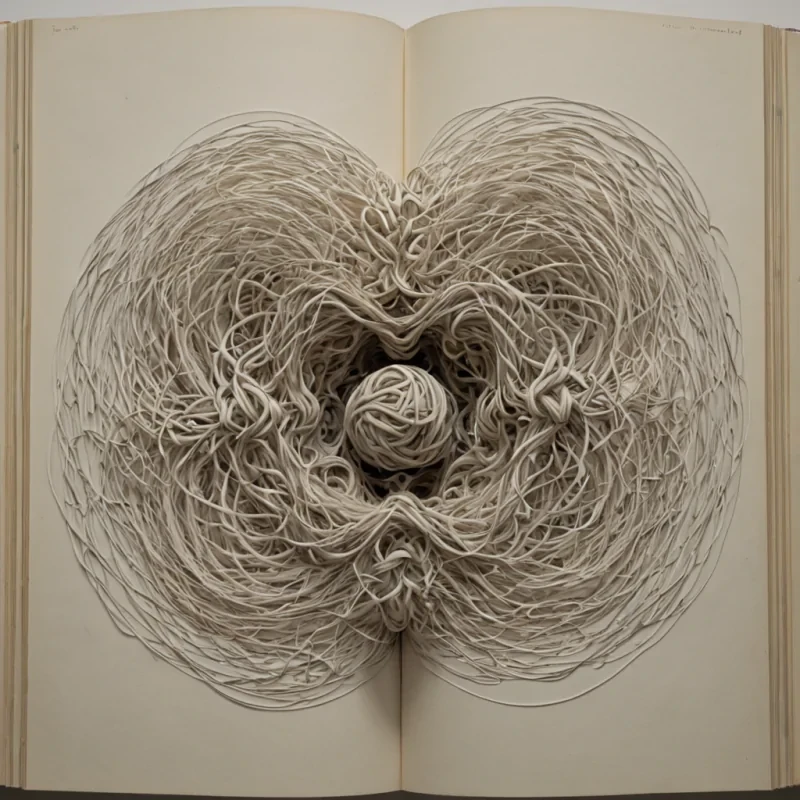 A single, selfrewriting tangle of reversed silence, shaped like a 4,201dimensional knot of unformed stillness and inverted resonance, floats at the center of a vast, inverted archive of solidified breath  each page etched from the exact moment between a word forming in the throat and its refusal to be spoken, a sigh escaping the lungs and dissolving into nonaudible emptiness, a heartbeat echoing in the chest and collapsing into pure, unmeasured nonpulse. The tangle does not contain sound  it uncontains it, each twisting strand shedding a layer of vocal potential that never coalesced into audible expression, reforming into ephemeral, amethystveined afterimages shaped like