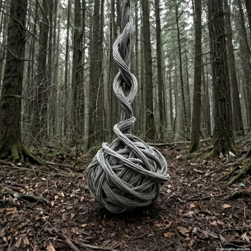 A single, selfrewriting tangle of reversed gravity, shaped like a 1,001dimensional knot of unformed weight and inverted descent, floats at the center of a vast, inverted forest of solidified ascent. Each strand is spun from the exact moment between a leaf drifting downward and its refusal to fall, a stone released from a hand and dissolving into nonmomentum, a breath exhaled into air and collapsing into pure, unmeasured nonsinking. The knot does not anchor matterit unanchors it, each unraveling twist shedding a layer of gravitational potential that never coalesced into mass, pressure, or planetary pull, reforming into ephemeral, topazveined vapor that rises like a silent