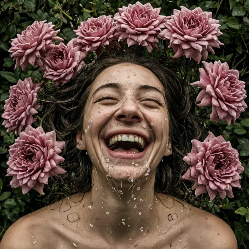 A single, selfoscillating cluster of reversed laughter, shaped like a 4,219dimensional cascade of unformed mirth and inverted euphoria, hovers at the center of a vast, inverted garden of solidified sorrow  each petal forged from the exact moment between a smile forming on the lips and its refusal to spread, a chuckle rising in the throat and dissolving into nonvibrational stillness, a joke whispered into the dark and collapsing into pure, unmeasured nonjoy. The cluster does not amplify delight  it unamplifies it, each shimmering tendril shedding a layer of emotional potential that never coalesced into shared levity, reforming into ephemeral, roseg