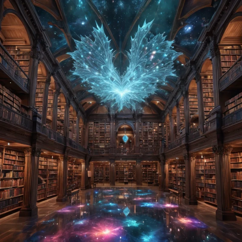 A hyperrealistic, 4K, ultra HD depiction of a surreal, crystalline library suspended in the heart of a vast, nebulalike void. The librarys towering, geometric shelves are etched with intricate, fractal patterns that shimmer in vibrant, prismatic hues. Volumetric lighting from distant, pulsating, stellar sources casts a mesmerizing glow on the ethereal, floating tomes that drift above the crystalline pools. Photorealistic, fractal, zerogravity dust formations dance in a surreal ballet, their gentle movements casting ethereal ripples across the luminescent, cosmic sea. In the heart of the library, a towering, crystalline formation resembling an ancient, celestial being stands watch, its facets reflecting