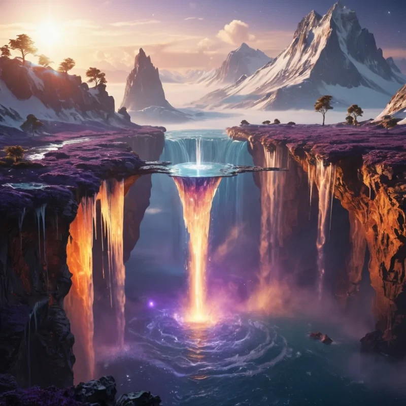 A futuristic, levitating island drifts through a vast, endless sky, its surface adorned with cascading waterfalls that freeze in midair, forming crystalline structures that reflect the dual suns, hyperrealistic, ultra HD, cinematic lighting, volumetric lighting, atmospheric effects, dynamic lighting, bokeh effect, soft focus, lens flare, vivid oranges, deep purples, and shimmering golds, detailed textures.