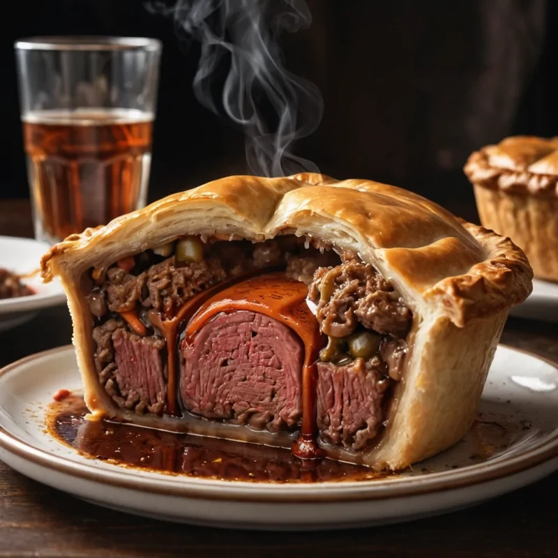 A cross section of a hot steamy meatpie on a plate