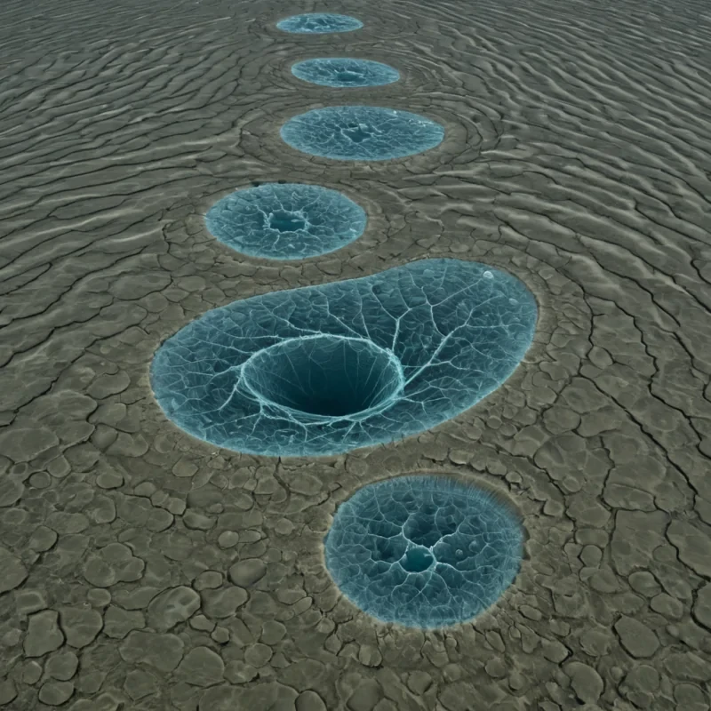 A single, selfilluminating filament of compressed moonlight, shaped like a 43dimensional fractal vine of inverted reflection and unformed luminescence, pulses at the center of a vast, inverted lagoon composed entirely of solidified tides and suspended moments of unbroken stillness. The filament does not glowit unreflects, each twist unraveling a layer of optical potential that never coalesced into a shared shimmer, reforming into ephemeral, aquamarinethreaded afterimages shaped like the negative space between two ripples that never met in the same moment of mutual resonance. The lagoon is not aquaticit is a stratified expanse of compressed calm, each wave a fossilized breath held just before