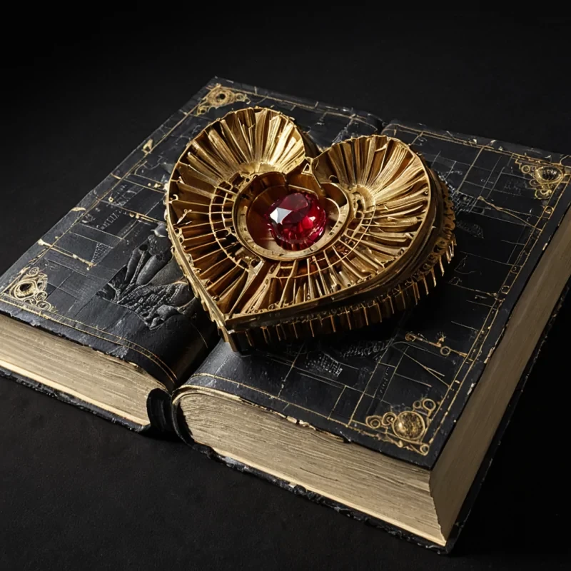 A highangle, extreme macro photograph of a dense cluster of ancient, leatherbound books fused together into a single, monolithic block resting on a pedestal of polished obsidian. The pages have not been written on with ink, but are etched with intricate, topographical maps of a nonexistent planet, rendered in raised, metallic gold leaf that catches the light with sharp, specular highlights. Embedded deep within the spine of the central volume is a living, mechanical heart made of interlocking brass gears and a single, pulsing, rubyred sapphire crystal that beats with a slow, mechanical rhythm. The surrounding air is thick with suspended, microscopic golden dust particles that shimmer in the shafts of warm, directional light coming from the upper left, creating
