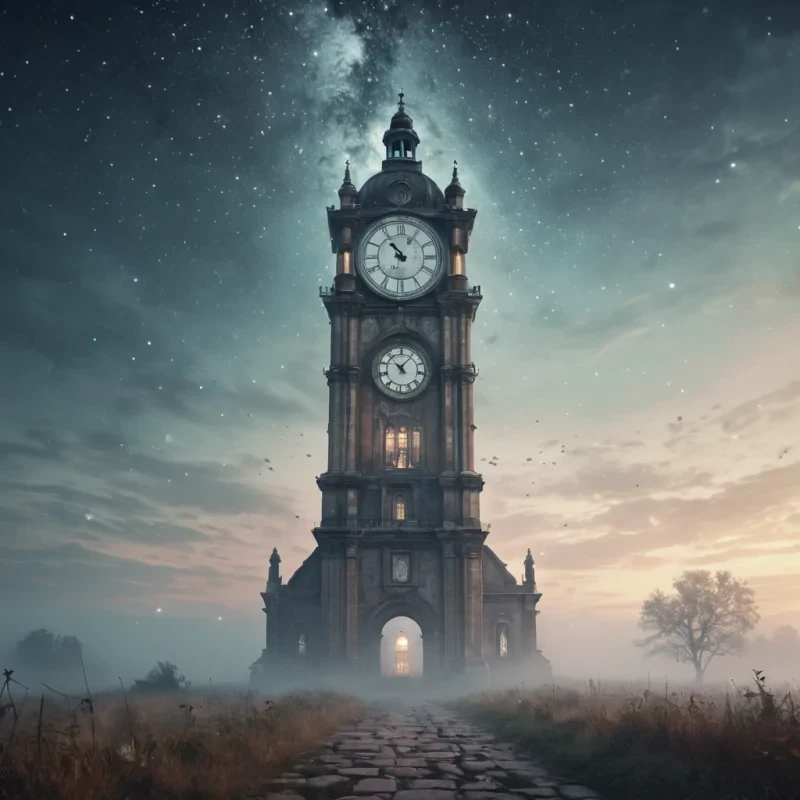 A colossal, ancient clock tower stands alone in a misty landscape, its face adorned with constellations that shift and change, hyperrealistic, ultra HD, cinematic lighting, volumetric lighting, atmospheric effects, soft focus, pastel tones, detailed textures.
