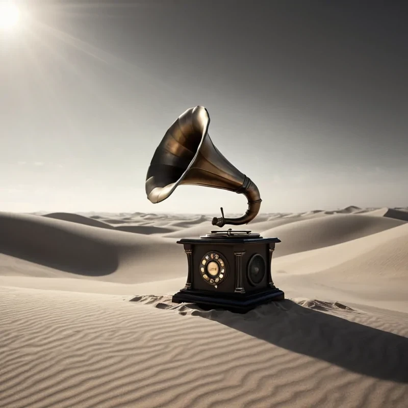 Photorealistic, Ultra HD portrait of a whimsical, levitating vintage phonograph, its brass horn emitting ethereal, otherworldly melodies, set against a surreal, monochromatic landscape of undulating, shadowy dunes, with volumetric lighting casting dramatic shadows and emphasizing the intricate, art deco design, and a subtle, cool bokeh effect creating a sense of isolation and enchantment, while a spectral, ethereal figure, cloaked in a tattered, hooded robe, stands silently at the edge of the frame, their face obscured by shadows, adding an enigmatic, haunting touch to the otherwise abstract scene.