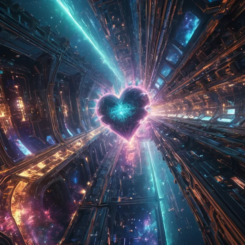 Photorealistic, titanic, kaleidoscopic, nebula metropolis, its hyperrealistic, 4K, fractal, iridescent structures unfurling ultra HD, zerogravity ecosystems. Volumetric lighting from unseen, pulsating, cosmic hearts etches the citys ethereal, geometric architecture, casting intricate, dynamic, neon shadows on the inverted, reflective void. Cinematic lighting bathes the scene in vibrant, extraterrestrial hues, with lens flare emphasizing the citys central, radiant, throbbing, crystalline heart, pulsating with captive, alien, nebular energy.