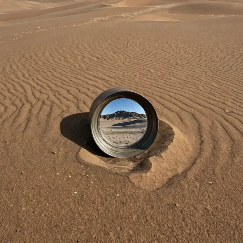 A single, selfsiphoning lens of compressed time, shaped like a rotating, nonreflective prism of liquid shadow, hovers at the center of a vast, inverted desert where the sand is not mineral, but solidified, unspoken vows from a civilization that communicated through the alignment of unbroken gazes. The lens does not refractit unsees, each rotation reversing the entropy of perception, reforming into ephemeral, geometric afterimages shaped like the negative space between two eyes that never held the same moment of recognition. The desert is not earthit is a layered expanse of petrified intention, each dune etched with the kinetic residue of a promise that was almost whispered into the wind, its surface shimmer