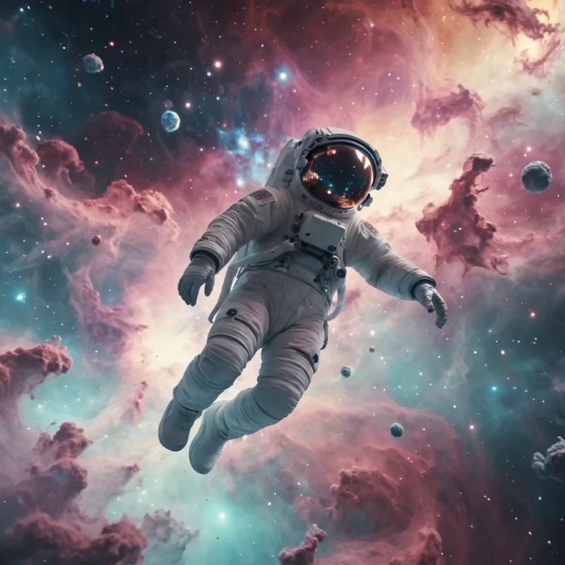 A lone astronaut floats in the silent expanse of a nebula, surrounded by swirling galaxies, hyperrealistic, 4K, cinematic lighting, volumetric lighting, atmospheric effects, lens flare, soft focus, pastel tones, detailed textures.