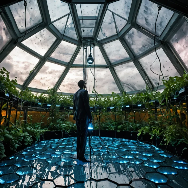 A horizontal, eyelevel wide shot of a colossal, suspended aquaponics facility built from interlocking hexagonal modules of frosted polycarbonate and raw copper, drifting silently through the upper atmosphere of a gas giant with swirling bands of ochre and violet. The interior is bathed in the diffused, warm glow of thousands of hanging sodiumvapor lamps that cast long, dramatic shadows across the wet, reflective floor made of polished basalt. In the foreground, a technician wearing a sleek, formfitting suit of matte grey neoprene with glowing blue bioluminescent seams carefully tends to a massive, vertical garden of translucent, gelbased plants that pulse with rhythmic internal light. Outside the curved panoramic windows, the turbulent clouds of