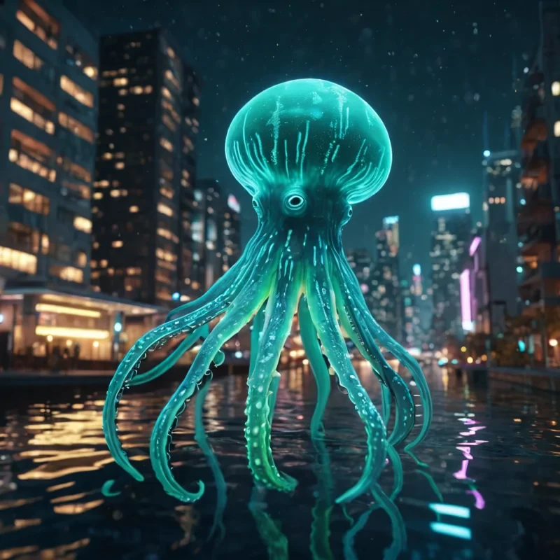 A bioluminescent squidlike creature swimming through an underwater neonlit city, buildings adorned with glowing algae, hyperrealistic, 4K, cinematic lighting, volumetric lighting, atmospheric effects, dynamic lighting, bokeh effect, soft focus, lens flare, vibrant colors, detailed textures.