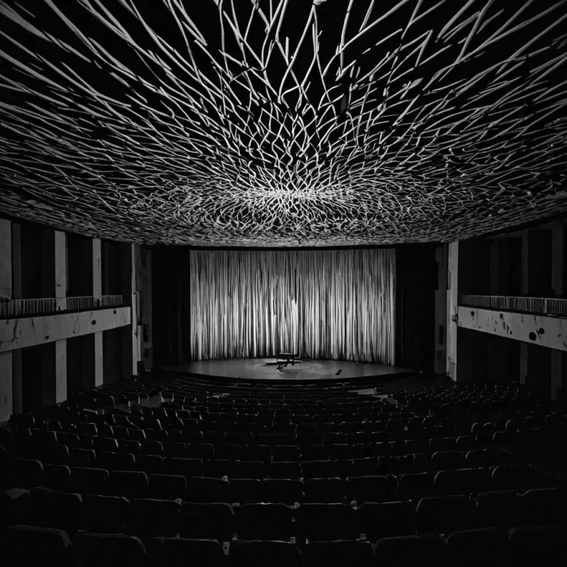 A single, selfsustaining tangle of woven shadows pulses through the center of a floating, inverted theater built from the fused remnants of a thousand unperformed plays that never reached an audience, its structure not wood or plaster but spun from the thermal inertia of a single, unspoken applause that never echoed in an empty auditorium. The shadows do not movethey remember, contracting and expanding in rhythm with the silent cadence of a script written in the space between breaths, absorbing the ambient resonance of a world that forgot how to cheer. The theaters stage is not flatit is a concave mirror of petrified silence, its surface etched with the chromatic afterimage of a curtain that never rose, its floor layered