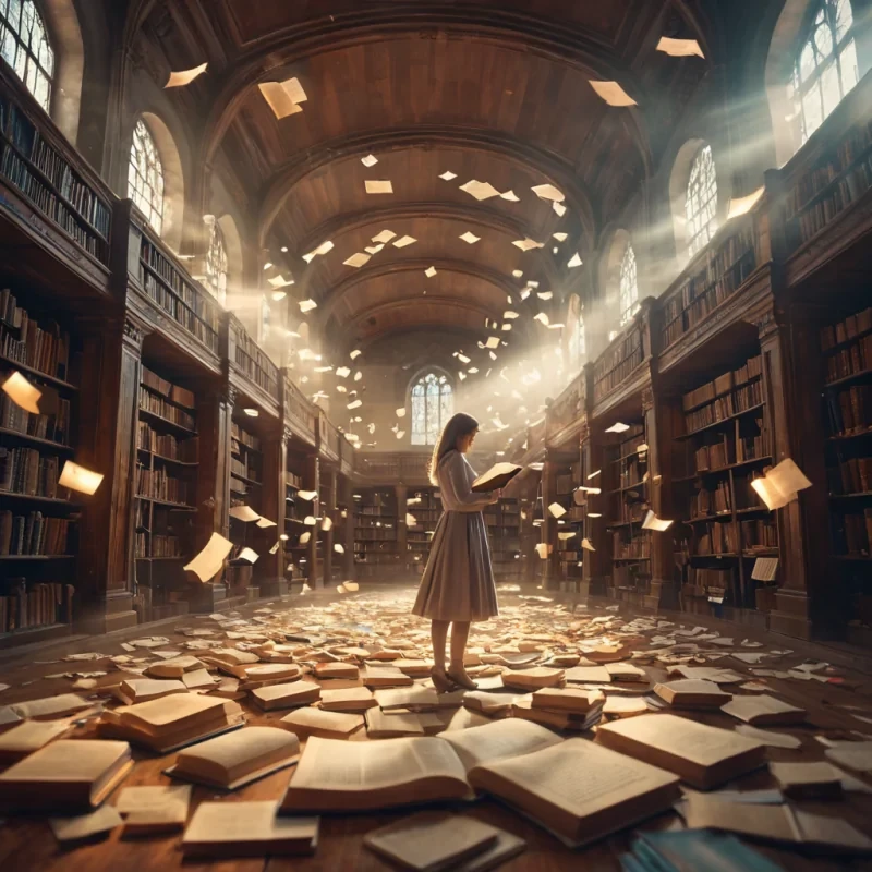 A vast, abandoned library filled with floating, glowing manuscripts, a lone librarian levitating among the pages, hyperrealistic, ultra HD, cinematic lighting, volumetric lighting, atmospheric effects, bokeh effect, soft focus, lens flare, pastel tones, detailed textures.