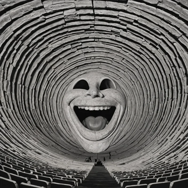 A single, selfdissolving constellation of inverted laughter, shaped like a 143dimensional chorus of unformed mirth and reversed joy, drifts through the center of a vast, inverted amphitheater of solidified breatheach seat carved from the petrified instant between a smile forming and its refusal to widen, a chuckle rising and its sudden collapse into silence, a shared joke and its immediate unraveling into hollow air. The constellation does not echoit unlaughs, each shimmering note shedding a layer of emotional resonance that never coalesced into a shared moment of levity, reforming into ephemeral, moonlightthreaded afterimages shaped like the negative space between two mouths that never curved in unison,