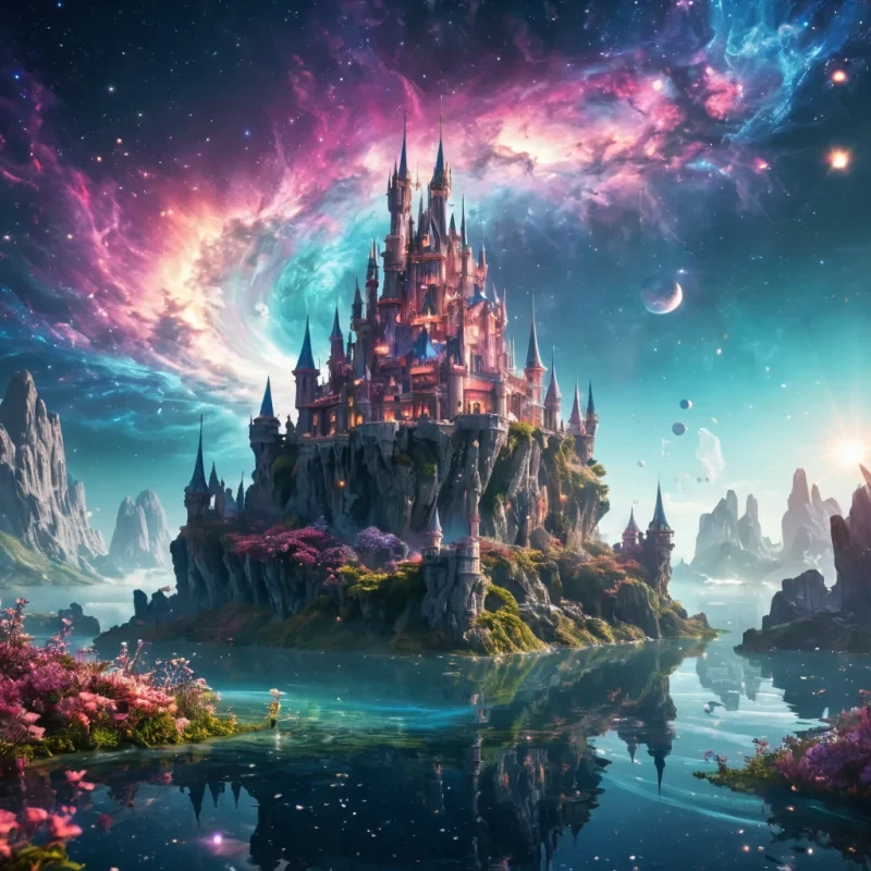 A crystalline castle suspended in a sky of swirling galaxies, its spires emitting a soft, pulsating glow, surrounded by floating islands of luminescent flora, hyperrealistic, ultra HD, cinematic lighting, volumetric lighting, atmospheric effects, lens flare, vibrant colors, detailed textures.