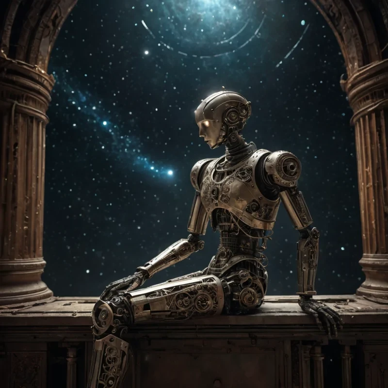 Photorealistic, Ultra HD portrait of a melancholic, sentient automaton, its metallic body adorned with intricate, tarnished filigree, sitting alone in a vast, abandoned observatory, surrounded by towering, ancient telescopes and faded, celestial charts, with cinematic lighting casting dramatic shadows and emphasizing the intricate, steampunkinspired design, and a subtle, cool bokeh effect creating a sense of isolation and longing, as a lone, spectral comet streaks across the night sky, its glowing tail leaving a trail of stardust in its wake.