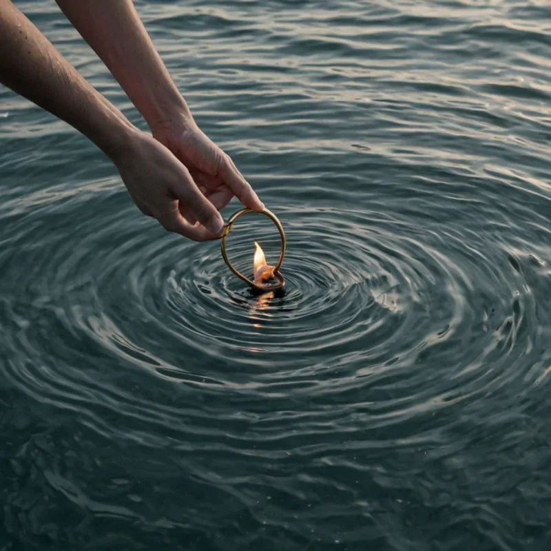 A single, hummingbirdsized locket made of solidified static floats in the center of a vast, still ocean of compressed, untransmitted dreams, its surface not metal but a crystalline lattice of fragmented memories from a civilization that communicated through the scent of unlit matches. The locket does not openit resonates, emitting a low, harmonic hum that distorts the surrounding water into slowmotion ripples shaped like the negative space between two hands that never touched, each wave glowing with the faint, pulsing afterimage of a whispered secret that was almost spoken. The ocean is not liquidit is a thick, viscous medium of suspended intention, each ripple etched with the emotional residue of a decision never made, its surface shimmering