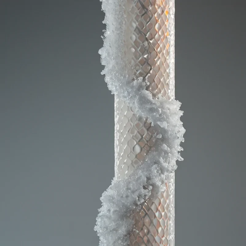 A hyperrealistic, sideprofile shot of a massive, suspended column of viscous, matte white ceramic fluid, frozen in a state of turbulent, slowmotion collapse. The liquid does not flow downward but twists into an impossible, doublehelix structure, composed of thousands of tiny, rigid, hexagonal prisms that are seamlessly fused into the wet medium. Each prism is translucent, allowing a glimpse of a dense, woven lattice of copper wiring suspended within the core of the helix, glowing with a faint, warm orange embers. Surrounding the central column, the air is filled with a fine, static mist of silver dust that catches the light, creating a soft, hazy halo. The background is a seamless, deep, velv