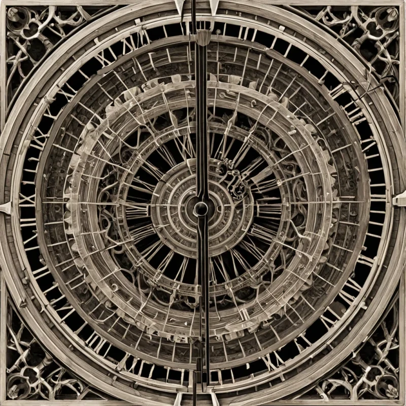 A single, selfreplicating constellation of reversed time, shaped like a 7,301dimensional lattice of unformed chronology and inverted causality, pulses at the center of a vast, inverted clocktower of solidified stasiseach gear carved from the exact moment between a second hand moving and its refusal to tick, a pendulum swinging and dissolving into nonmechanical stillness, a heartbeat syncing with a distant chime and collapsing into pure, unmeasured silence. The lattice does not mark timeit unmarks it, each shimmering filament shedding a layer of temporal potential that never coalesced into linear progression, reforming into ephemeral, mercurythreaded afterimages shaped like the negative space between two